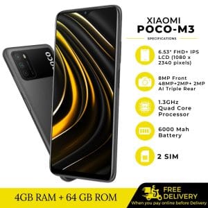 Xiaomi POCO M3 -64GB ROM+4GB RAM- 48MP AI Triple Camera -6000mAh Battery - Black