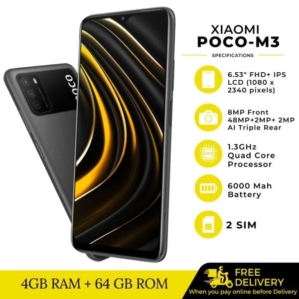 Xiaomi POCO M3 -64GB ROM+4GB RAM- 48MP AI Triple Camera -6000mAh Battery - Black